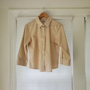 Ladies Talbots Tan White Gingham Check Button Up Shirt Size 12 Petite